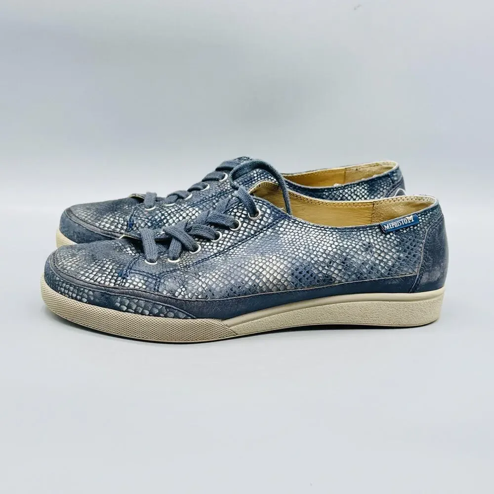 Mephisto Shoes Womens 7 Blue Leather Runoff Snake Print Low Top Lace Up Sneakers - Picture 3 of 11